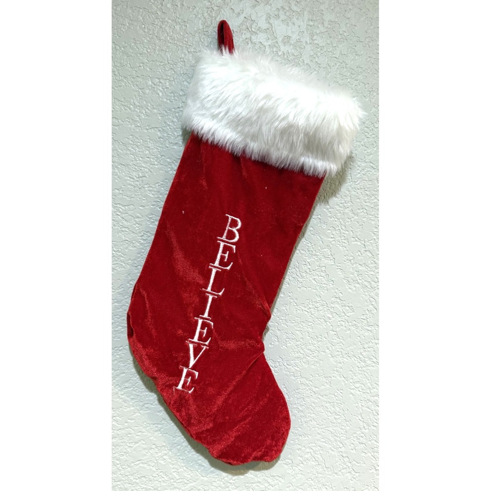 Believe Christmas Stocking Red White EUC Holiday Santa Claus Gifts Decor USA